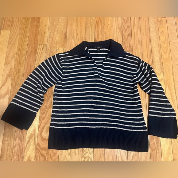 J. Crew Sweaters - J. crew navy and white striped cotton collared v-neck sweater women’s XS